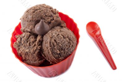 close up image of chocolate ice cream in red cup and spoon