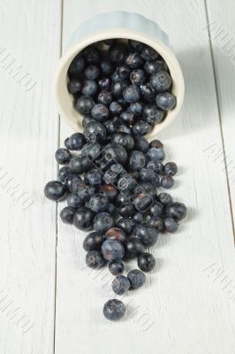 a bowl with spilled blueberries