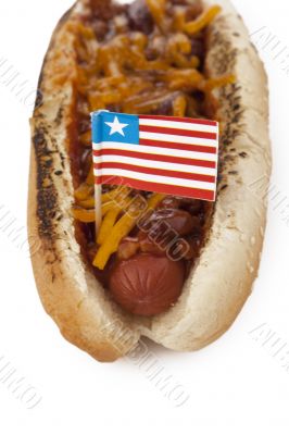 american grilled chili hot dog sandwich with cheese
