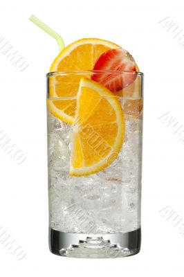view of slices of orange and strawberry in glass full of ice cubes