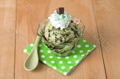 bowl of mint ice cream with chocolates