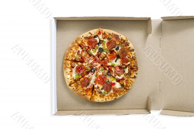 top view of pizza in the box