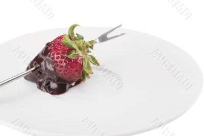 strawberry on fondue stick with coated chocolate