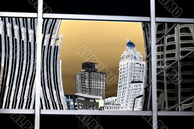 reflection of a building on a window glass