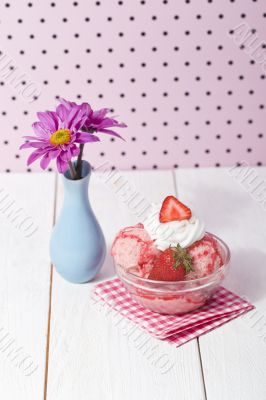 strawberry ice cream bowl and flower vase