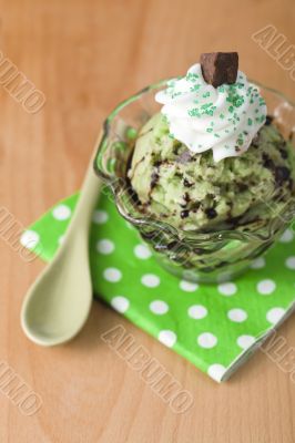 mint chocolate chip ice cream with whipped cream and syrup