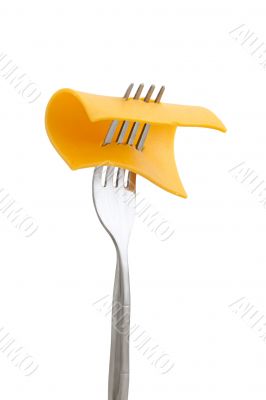 slice of cheese in fork