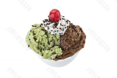 mint and chocolate ice cream with cherry toppings