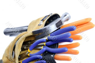 close up shot of tool belt with hand tools