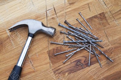 hammer and nails on table