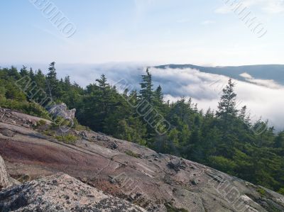 scenic view of steep cliff with pine trees with mountain range and clouds in background