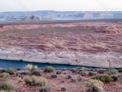 high angle view of cliffs and water stream at lake mead