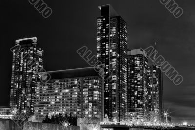 distant shot of illuminated office buildings