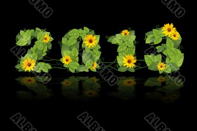 New year 2013. Date lined green leaves and flower.
