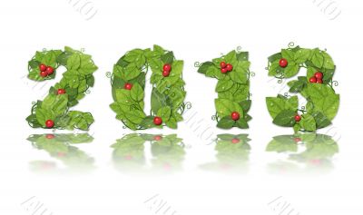New year 2013. Date lined green leaves with red berry. 