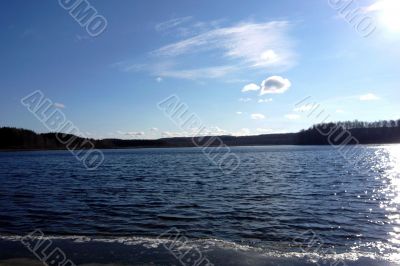 Blueness of lake and sky.