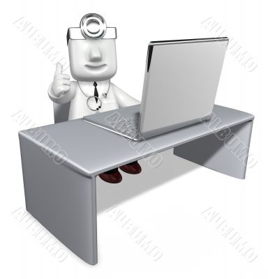 3d medical doctor studying by computer on the table