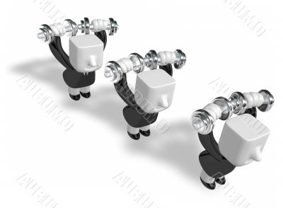 3d men holding their dumbbell together