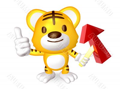 3d yellow cute tiger standing to take the red arrow