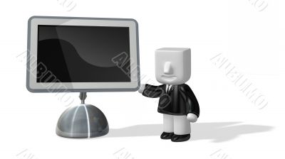 3d business man standing next to big screen