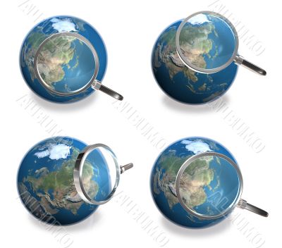3d blue globe range and magnifier four set