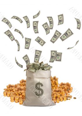 Moneybag with dollar notes flying and gold coins