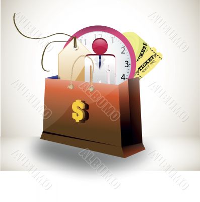 shopping bag with person price tag clock and tickets