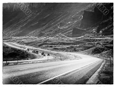 black and white image of the road