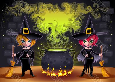 Funny witches with pot.