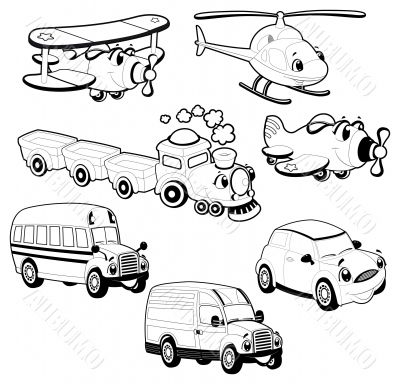 Funny vehicles in outline.