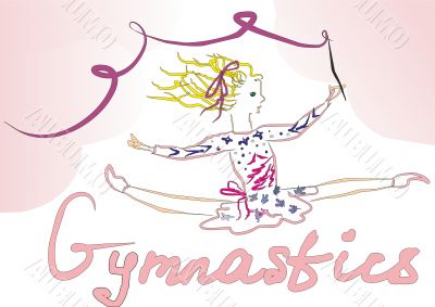 Artistic gymnastics. A girl with a ribbon in the splits.