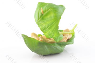 Cashew nuts in a basil leaf