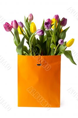 fresh tulips in paper bag