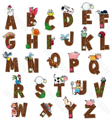 Alphabet with animals and farmers. 