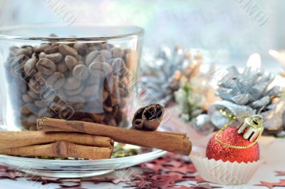 Christmas card with coffee beans and cinnamon