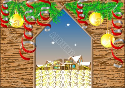 Gate in winter village. Christmas background