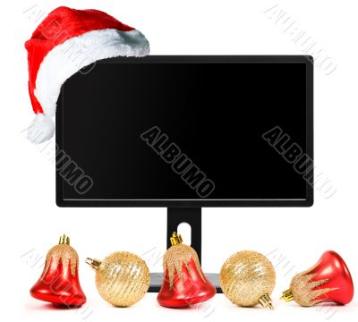 monitor and Santa Claus hat