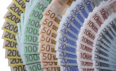 many banknotes of Euros form many fans