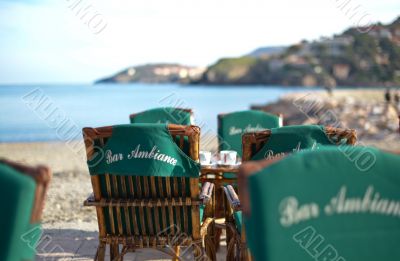 Empty idyllic seaside cafe