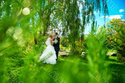 Bride and groom at the park