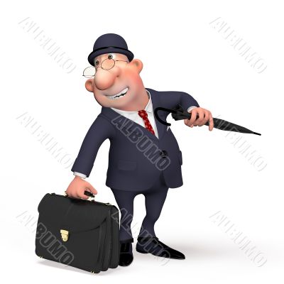 	The businessman on the street under an umbrella.