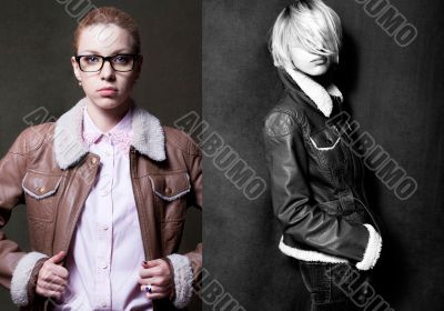 Blonde girl is in a jacket with glasses 
