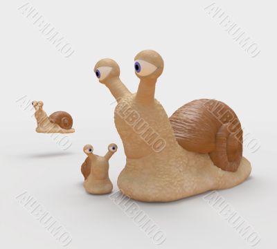 Family of snails on walk.