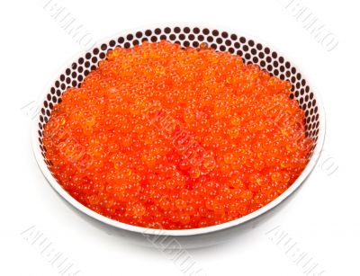 A plate full of fresh red caviar