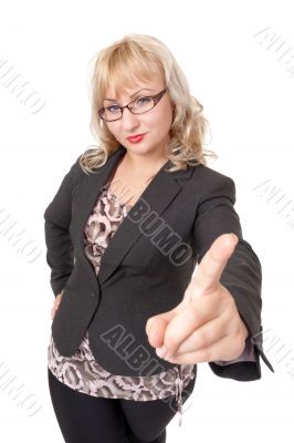 Strict business woman with glasses shaking his finger