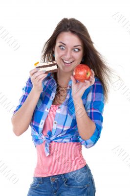 Portrait of a girl with an apple and a cake