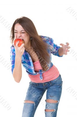 beautiful girl eats an apple