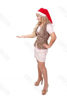 beautiful woman dressed in a Christmas show at the open palm, is