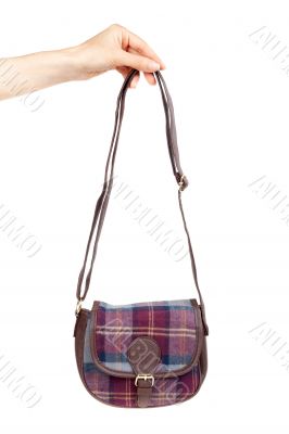 fashionable plaid handbag in female hand.