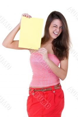 Girl with a blank sheet of paper winks